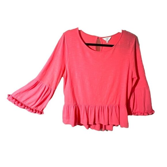 Crown & Ivy Coral Pink Peplum Ruffle Top with Pom Pom Bell Sleeve Trim  Size MP - Picture 2 of 8